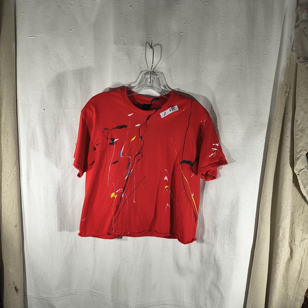 Timothy Designs Unisex Size M Red Cut Off T-shirt W/Unique Street Wear Art Desgn